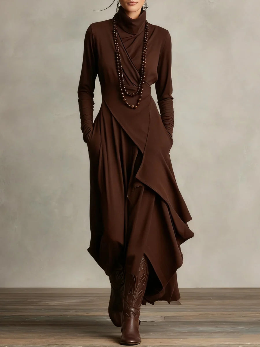 Asymmetric Draped Mock Neck Maxi Dress in Brown