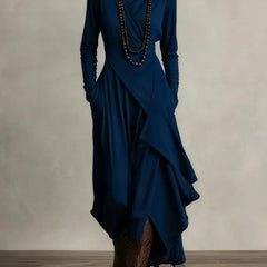 Asymmetric Draped Mock Neck Maxi Dress in Navy