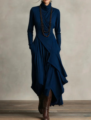 Asymmetric Draped Mock Neck Maxi Dress in Navy