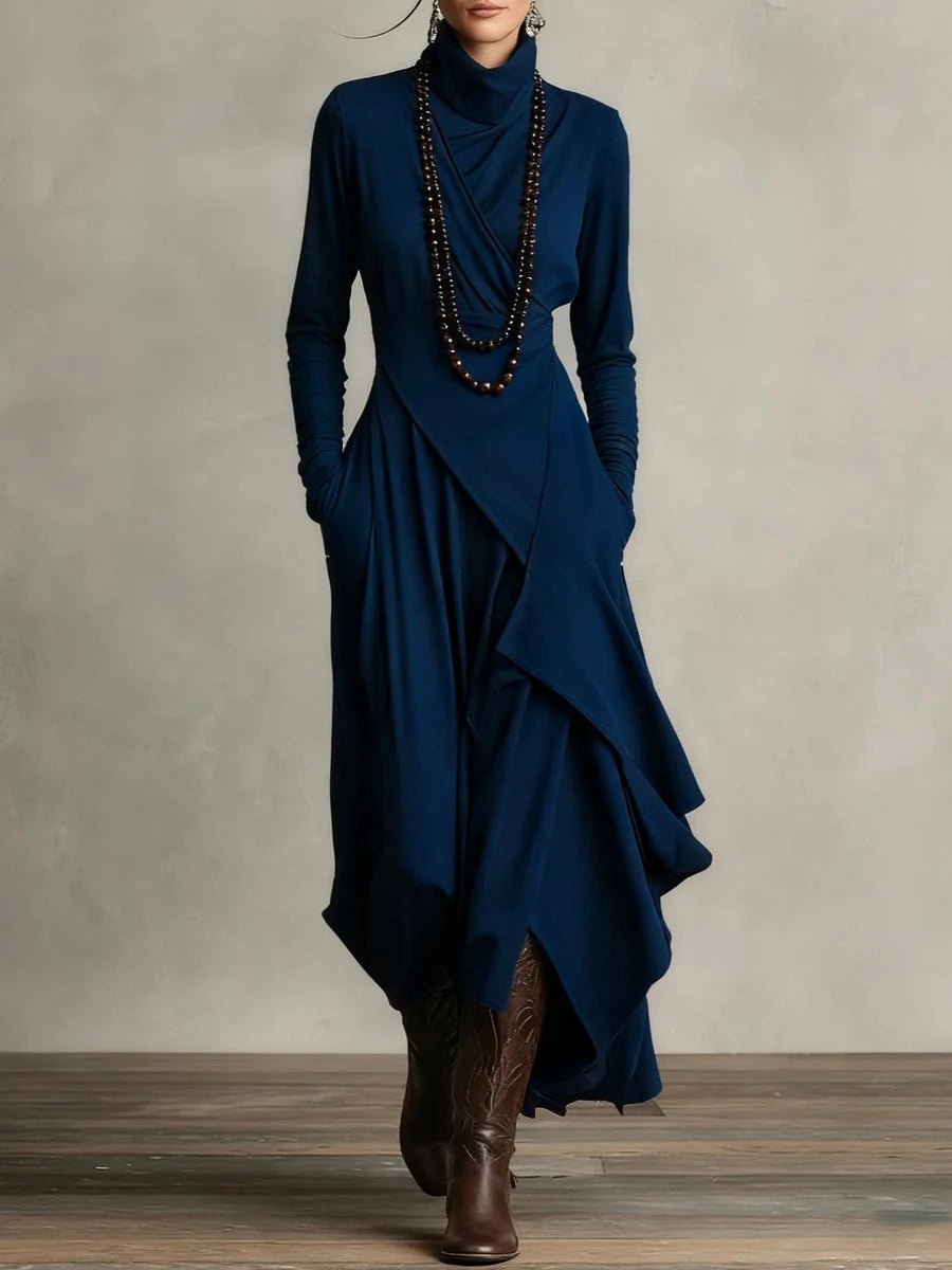 Asymmetric Draped Mock Neck Maxi Dress in Navy