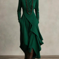 Asymmetric Draped Mock Neck Maxi Dress in Forest Green