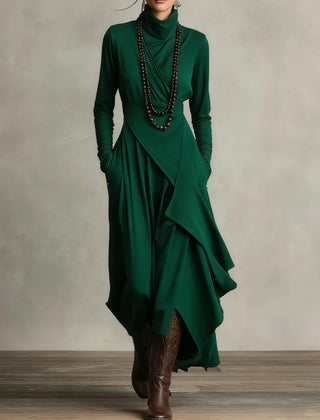 Asymmetric Draped Mock Neck Maxi Dress in Forest Green