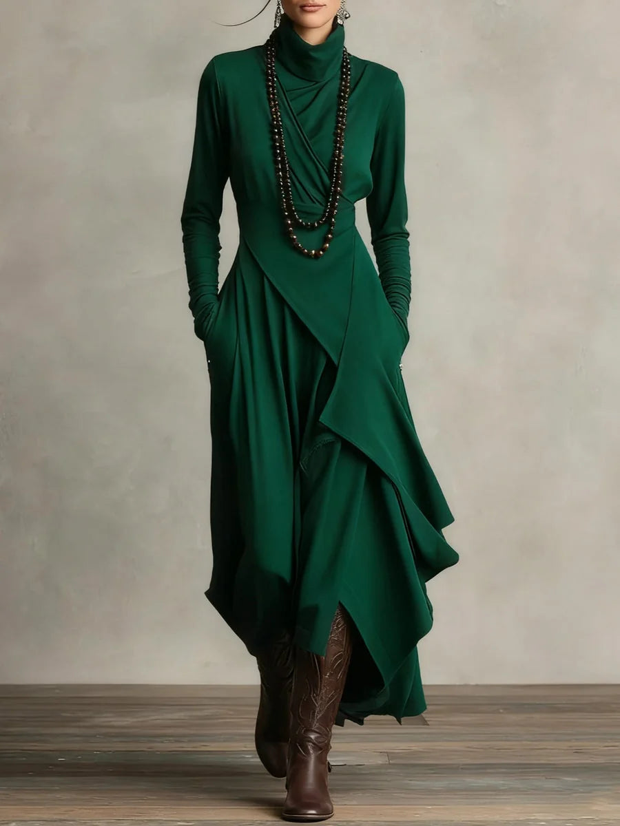 Asymmetric Draped Mock Neck Maxi Dress in Forest Green