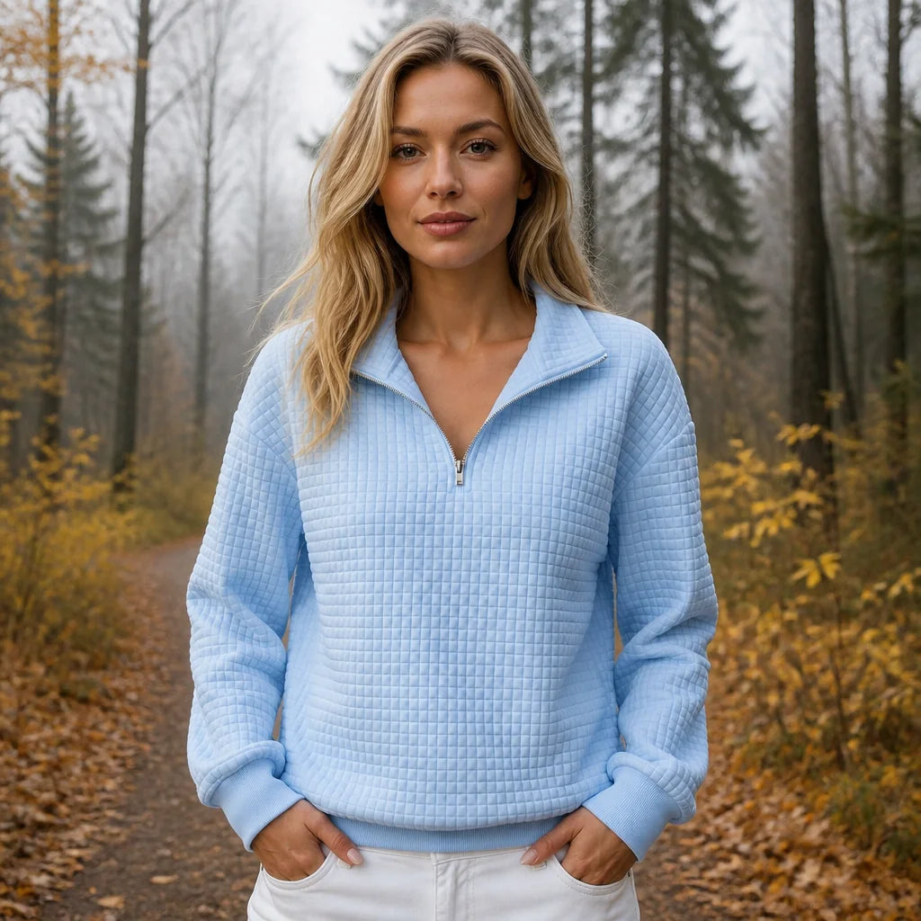 Quilted Half-Zip Pullover in Light Blue