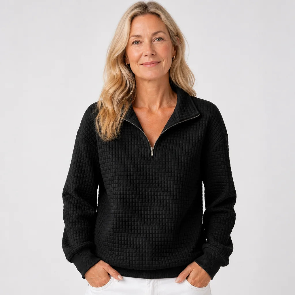Quilted Half-Zip Pullover in Black