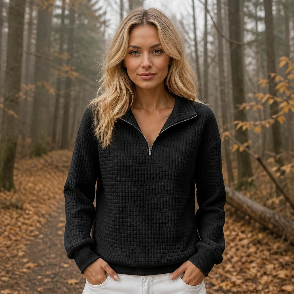Quilted Half-Zip Pullover in Black
