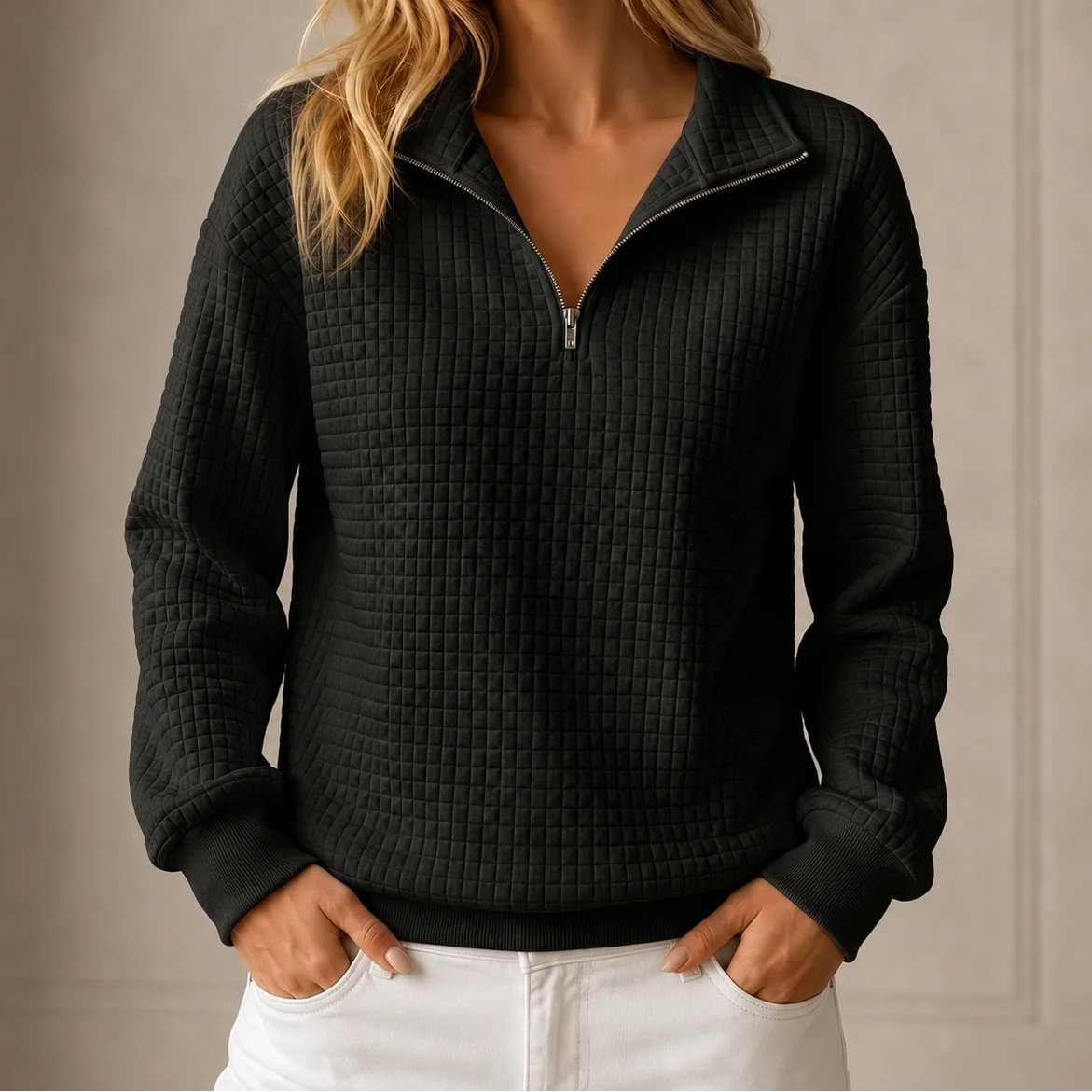 Quilted Half-Zip Pullover in Black
