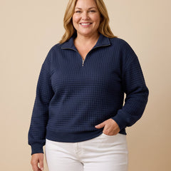 Paula | Quilted Half-Zip Pullover worn by a woman with curves