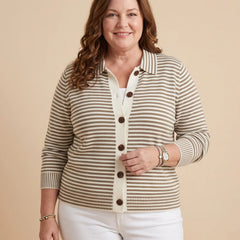 Striped Collared Button Cardigan worn by a woman with curves