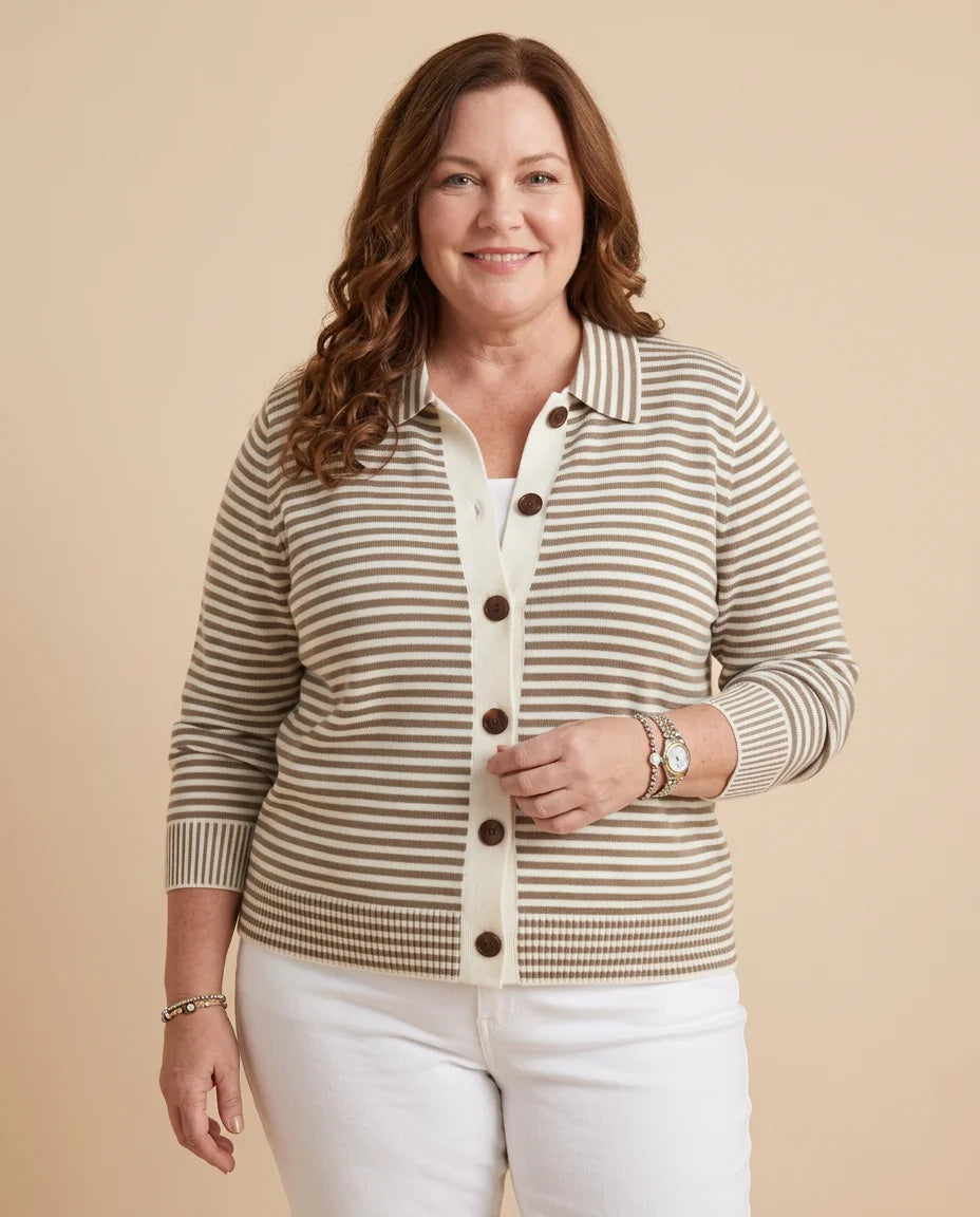Striped Collared Button Cardigan worn by a woman with curves