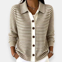 Striped Collared Button Cardigan in Brown
