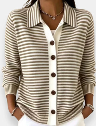 Striped Collared Button Cardigan in Brown