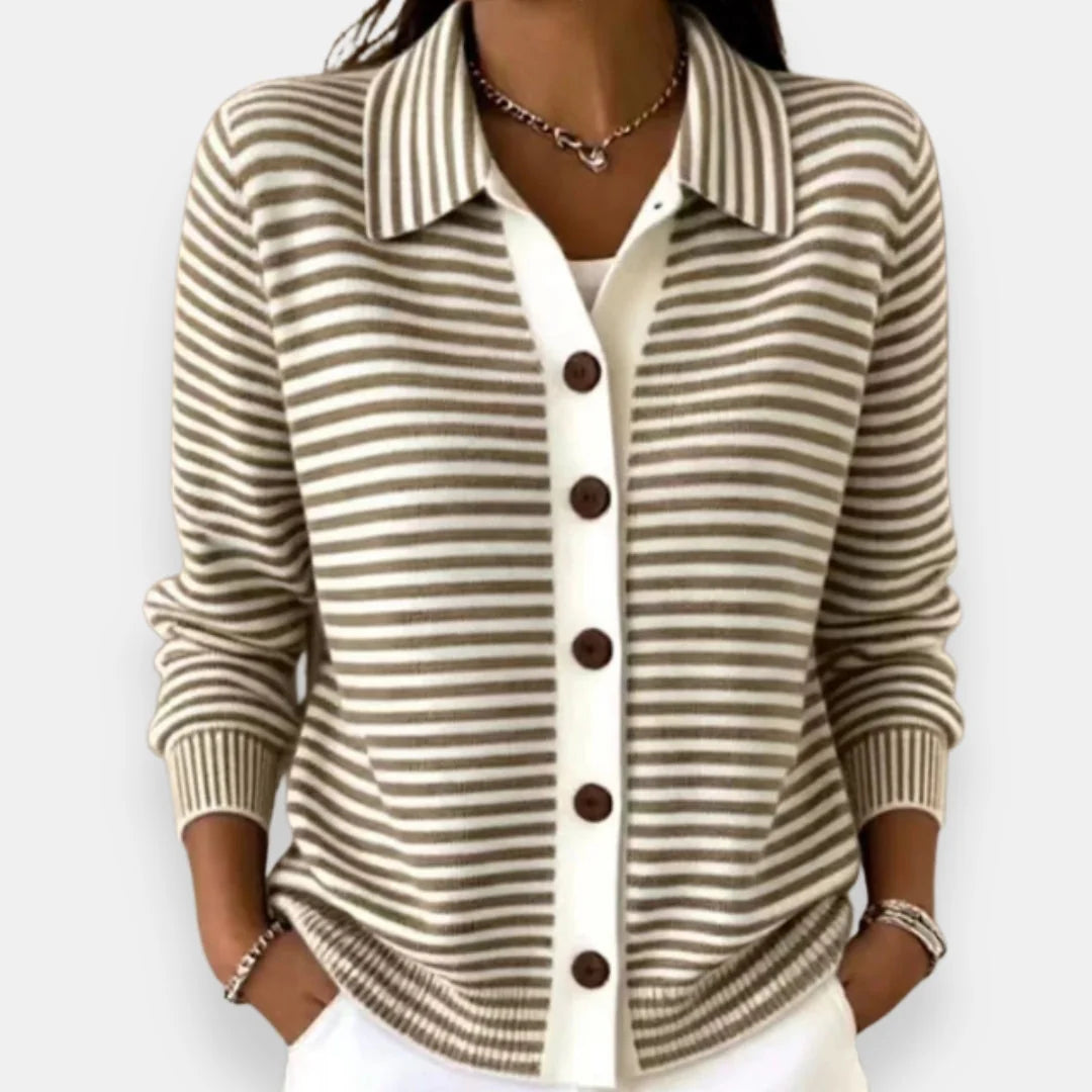Striped Collared Button Cardigan in Brown