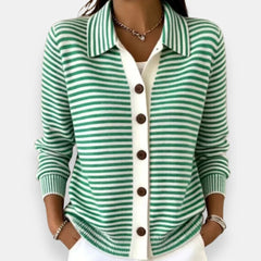 Striped Collared Button Cardigan in Green