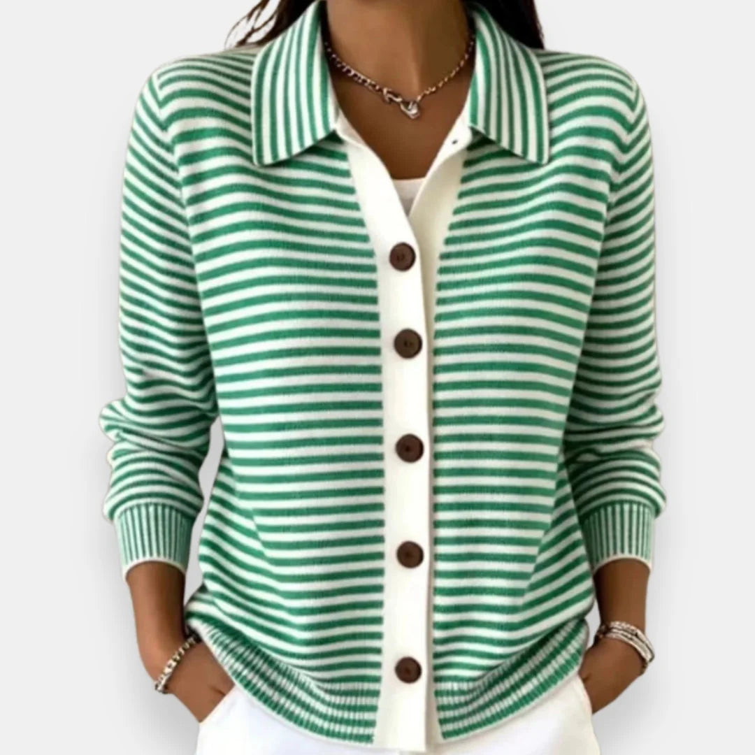 Striped Collared Button Cardigan in Green