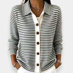 Striped Collared Button Cardigan in Charcoal