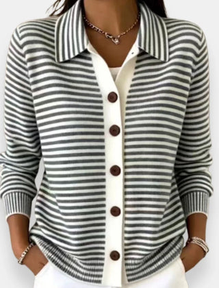 Striped Collared Button Cardigan in Charcoal