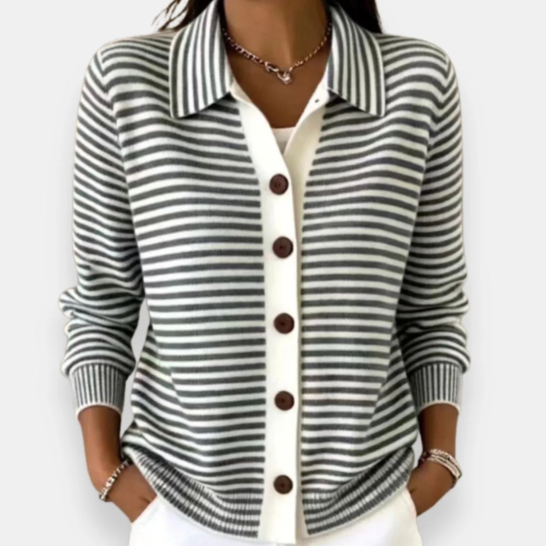 Striped Collared Button Cardigan in Charcoal