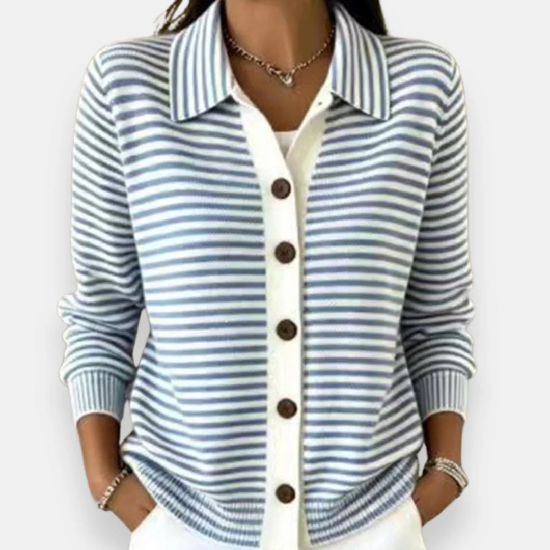 Striped Collared Button Cardigan in Light Blue
