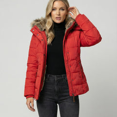 Petra hooded lined puffer jacket in Red, worn