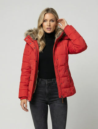 Petra hooded lined puffer jacket in Red, worn
