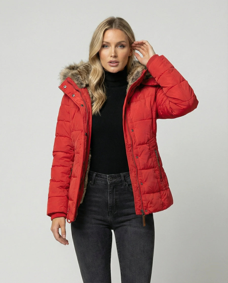Petra hooded lined puffer jacket in Red, worn