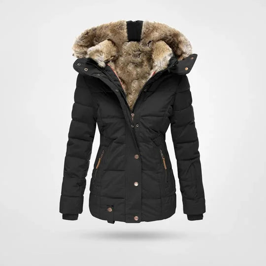 Petra hooded lined puffer jacket in Black, worn