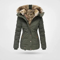 Petra hooded lined puffer jacket in Green, worn