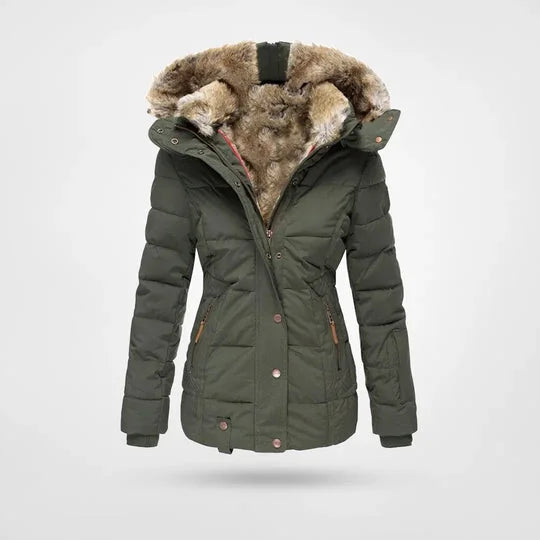 Petra hooded lined puffer jacket in Green, worn