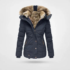 Petra hooded lined puffer jacket in Blue, worn
