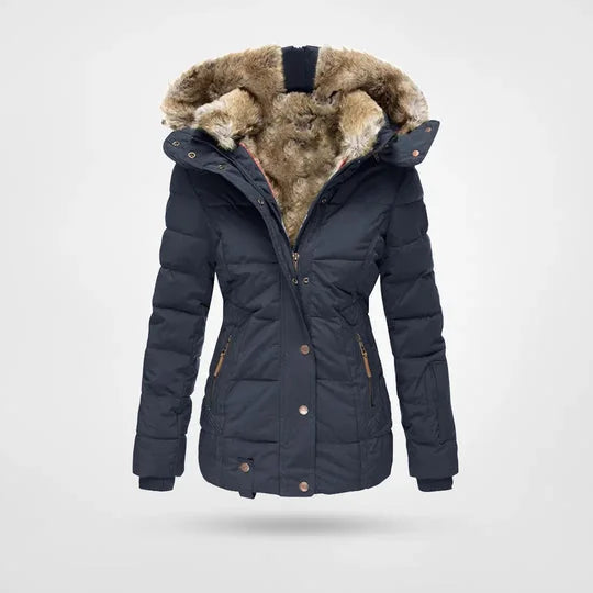Petra hooded lined puffer jacket in Blue, worn
