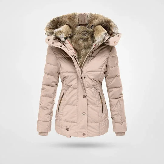 Petra hooded lined puffer jacket in Pink, worn