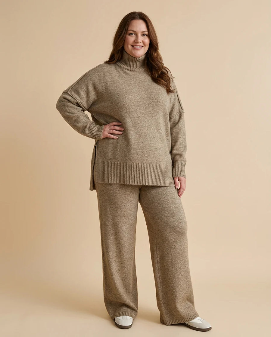 Soft Knit Turtleneck Lounge Set worn by a woman with curves