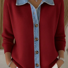 Renata polo collar button cardigan in red, worn