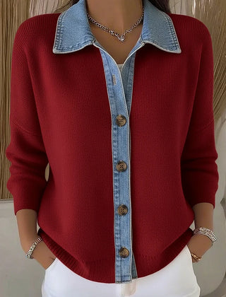 Renata polo collar button cardigan in red, worn