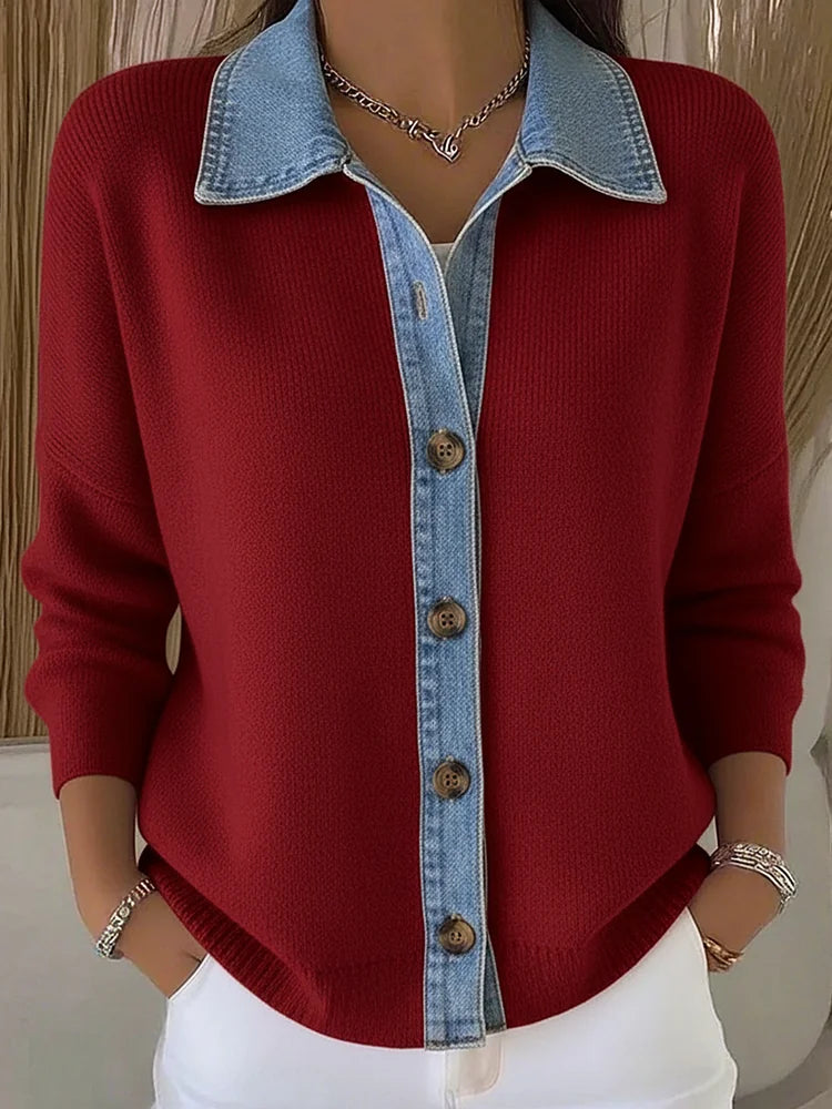Renata polo collar button cardigan in red, worn
