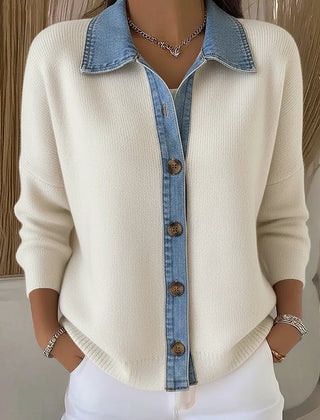 Renata polo collar button cardigan in white, worn