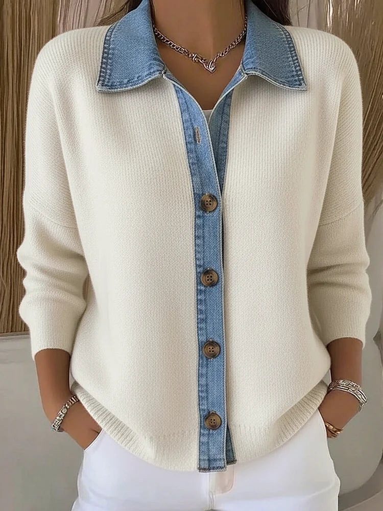 Renata polo collar button cardigan in white, worn