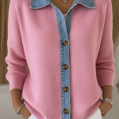 Renata polo collar button cardigan in pink, worn