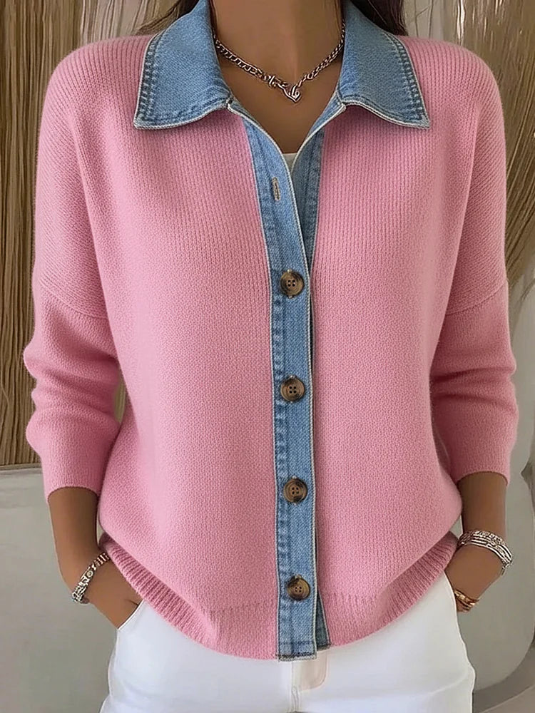 Renata polo collar button cardigan in pink, worn