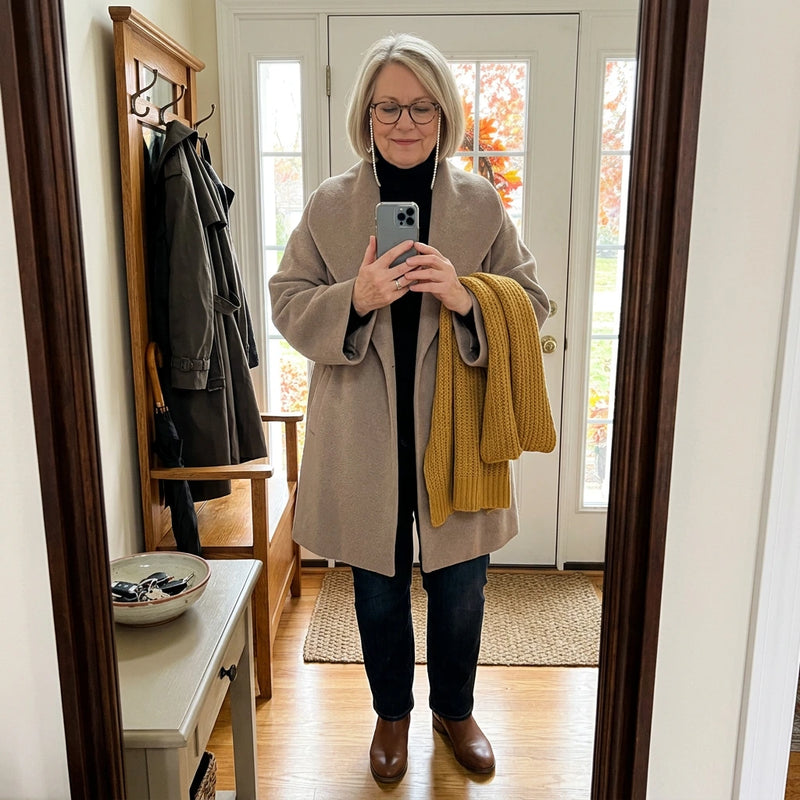Customer taking a mirror selfie in the Camila shawl collar wrap coat in taupe