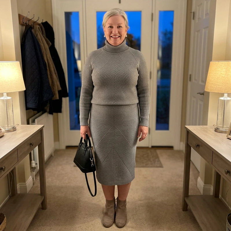 Customer wearing the Eleanor turtleneck sweater and skirt set in gray