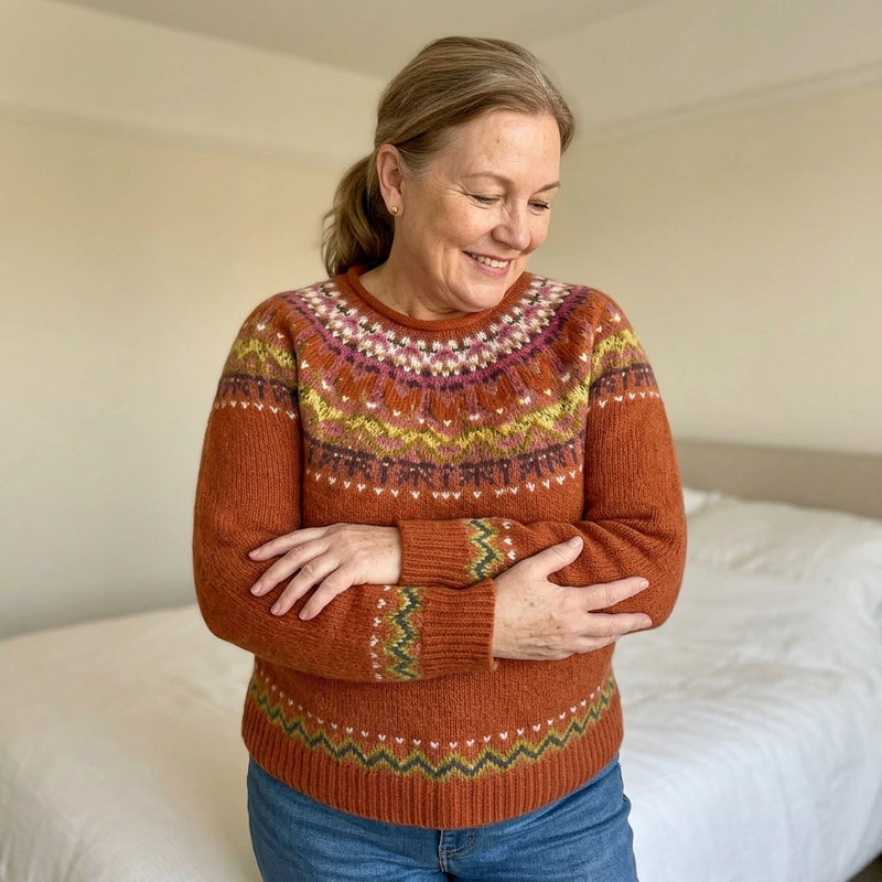 Customer trying on the Frida Nordic yoke sweater in terracotta