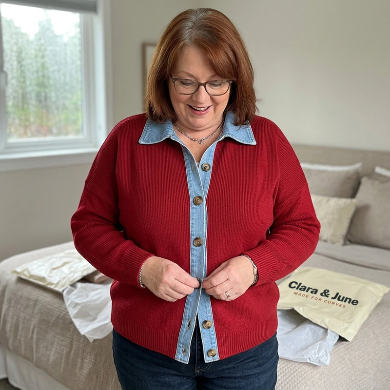 Customer buttoning the Renata polo collar cardigan in red after unpacking her Clara & June order