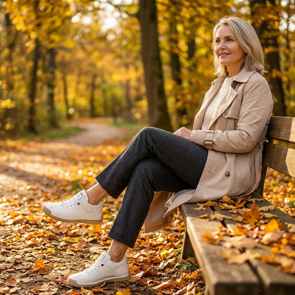 Rosie sneakers in white, worn while seated on a bench