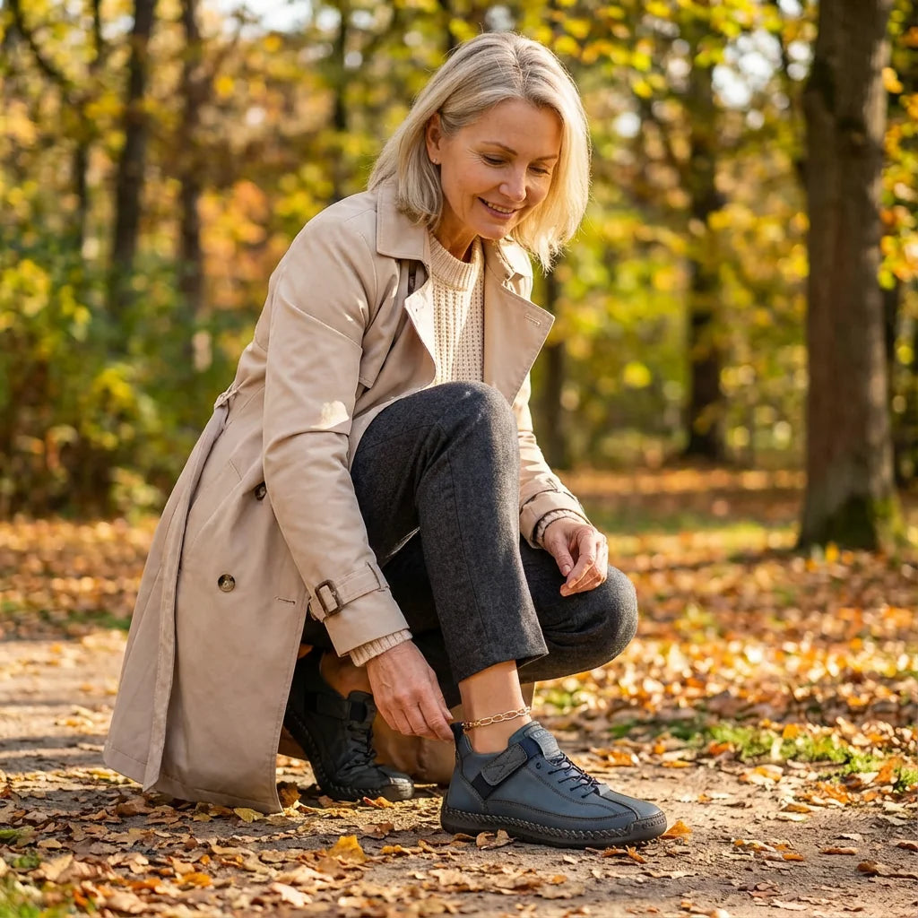 Woman lacing up her blue Rosie sneakers