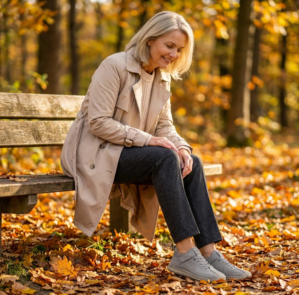 Rosie sneakers in gray, worn on a park bench