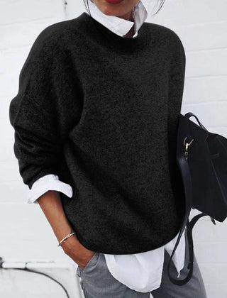Roslyn relaxed crew neck sweater in Black, worn
