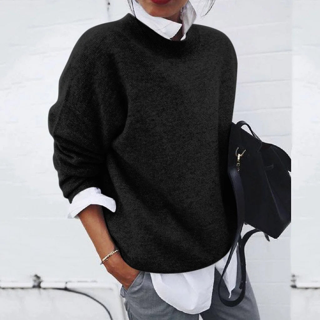 Roslyn relaxed crew neck sweater in Black, worn