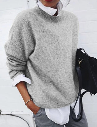 Roslyn relaxed crew neck sweater in Gray, worn